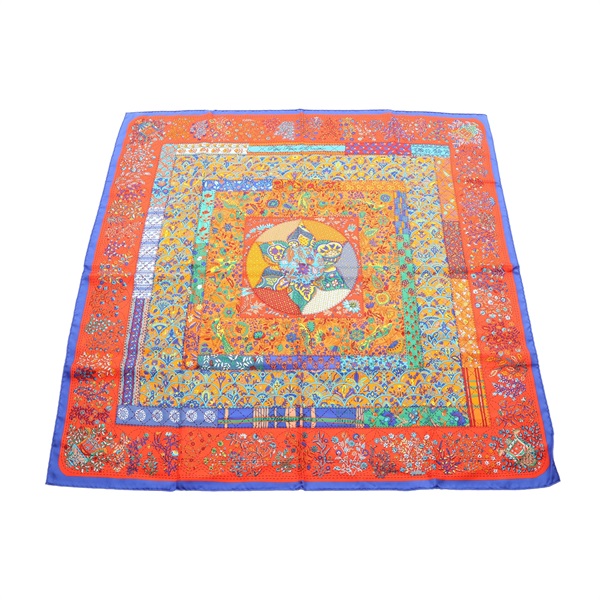 紅底 籃框 絲綢 Pique Fleuri de Provence 90 方巾【HERMES 愛馬仕】