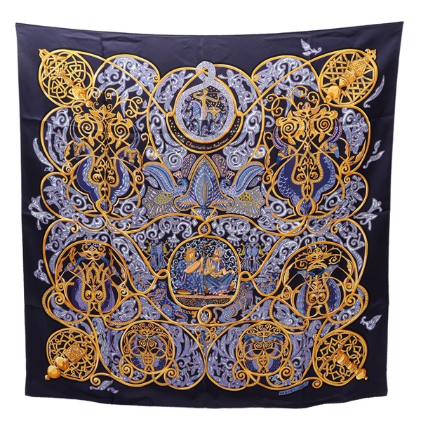 HERMES 愛馬仕 Carre 90 方巾 金色圖騰 印花 紫色 絲綢
