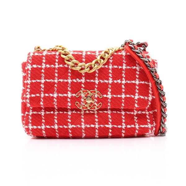 19 兩用包 紅色 格紋 粗花呢 金釦【CHANEL 香奈兒】 AS1160