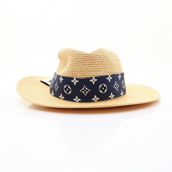 米色草編 藍色絲巾 帽子【LOUIS VUITTON LV 路易威登】 M77783