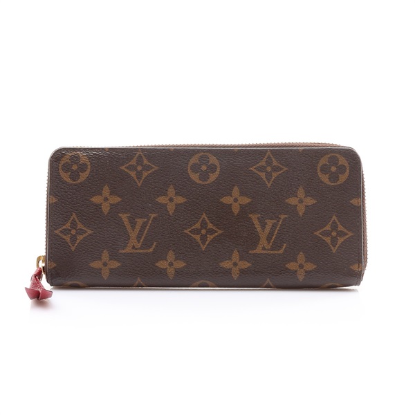 棕色/桃紅色 原花 帆布 Clemence 拉鍊長夾【LOUIS VUITTON LV 路易威登】 M60742