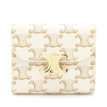 CELINE 賽琳 Triomphe Compact 三折短夾 白色帆布 棕色牛皮 10D782CQH 01TA