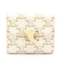 CELINE 賽琳 Triomphe Compact 三折短夾 白色帆布 棕色牛皮 10D782CQH 01TA