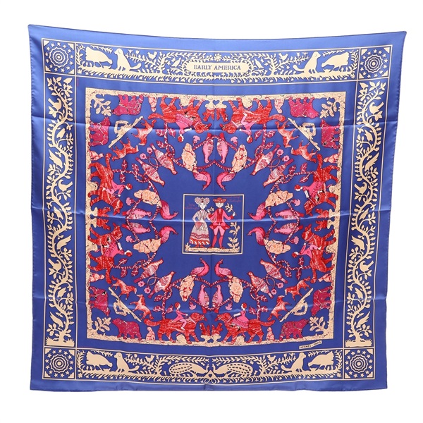 HERMES 愛馬仕 Early America Carre 90 方巾 藍/粉紅/米色 絲綢
