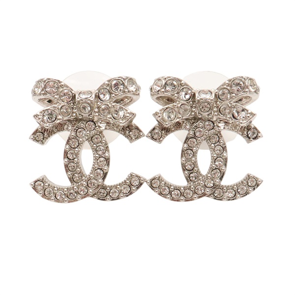 金色金屬 蝴蝶結 雙C 水鑽 耳環【CHANEL 香奈兒】 ABA922