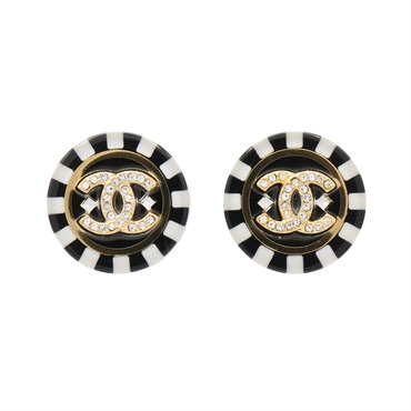 CHANEL 香奈兒 circle pierced 圓形 耳環 金/黑色 壓克力 水鑽 (耳扣不同) ABA113