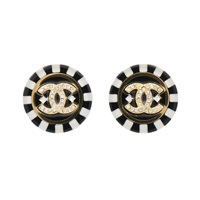 CC 圓形 耳環 金/黑色 壓克力 水鑽 (耳扣不同)【CHANEL 香奈兒】 ABA113