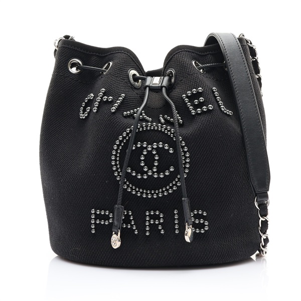 黑色 帆布 鉚釘 Deauville Drawstring 水桶包 肩背包 無卡【CHANEL 香奈兒】 AS1045