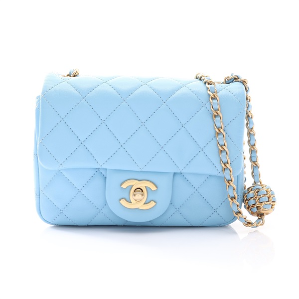 CHANEL 香奈兒 COCO MINI 金球調節扣 肩背包 藍色 菱格紋 羊皮 AS1786