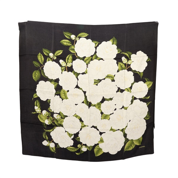CHANEL 香奈兒 floral print Carre90 方巾 黑色 絲綢