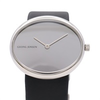 Georg Jensen喬治傑生 Vivianna Oval 石英錶 銀色錶面 黑/白色皮錶帶 323