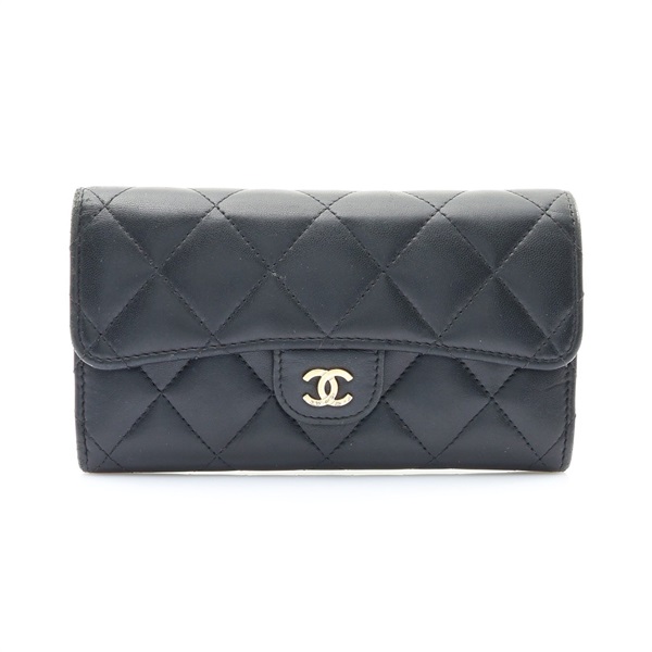 CHANEL 香奈兒 Matelasse Classic Flap 扣式中夾 黑色 羊皮 金釦 無卡