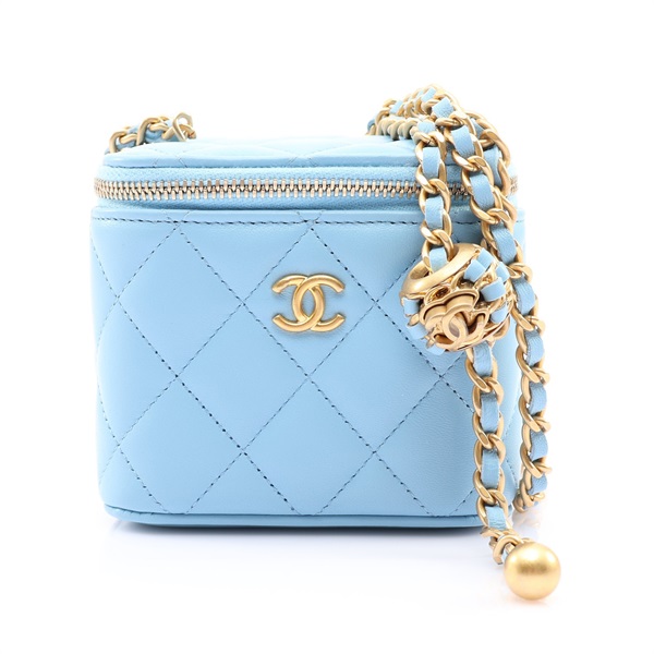 CHANEL 香奈兒 Pearl Crush Mini Vanity Case 肩背包 水藍色 菱格紋羊皮 金釦 AP1447