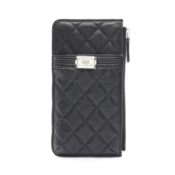 CHANEL 香奈兒 Boy iPhone Pouch 收納包 黑色 荔枝紋牛皮 銀扣 AP1482