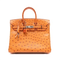 Birkin 25 鴕鳥皮 柏金包 干邑色 銀扣 □M刻 手提包【HERMES 愛馬仕】