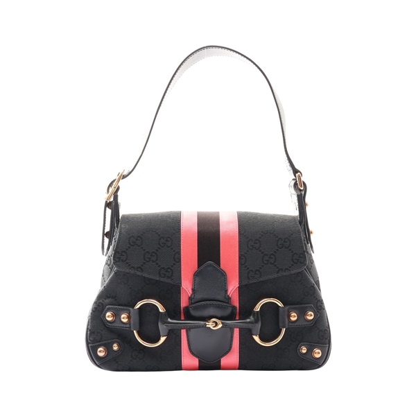 GUCCI 古馳 Horsebit 肩背包 黑色 GG 帆布 129699