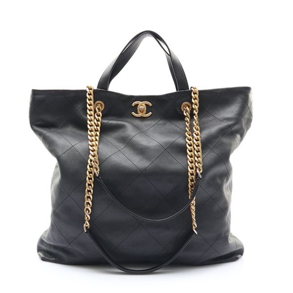 CHANEL 香奈兒 Maxi Shopping 托特 兩用包 黑色 牛皮 金釦 AS3128