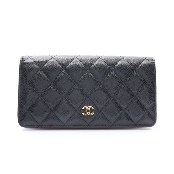 CHANEL 香奈兒 二折長夾 黑色 荔枝紋牛皮 金扣 無卡 AP0233