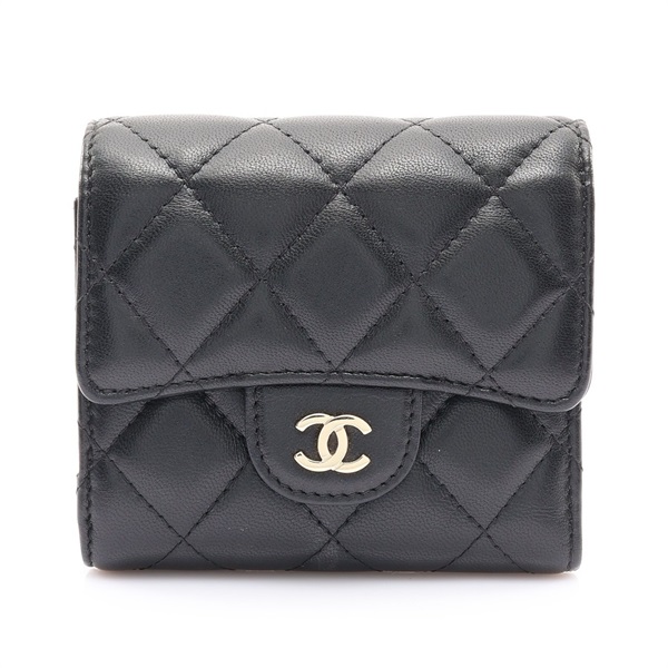CHANEL 香奈兒 三折短夾 黑色羊皮 金釦 AP0231