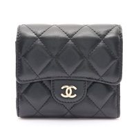 CHANEL 香奈兒 三折短夾 黑色羊皮 金釦 AP0231