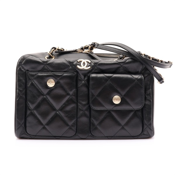 CHANEL 香奈兒 保齡球包 肩背包 黑色 菱格紋 牛皮 AS4933