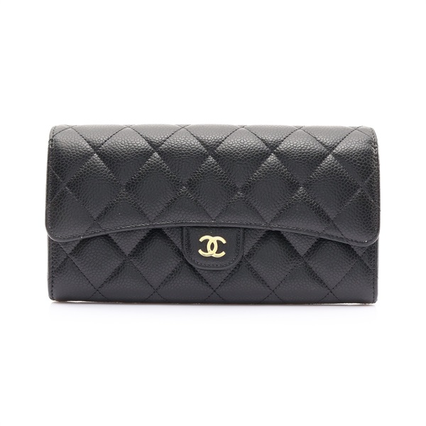 CHANEL 香奈兒 扣式 長夾 黑色 荔枝紋牛皮 金釦 AP0241