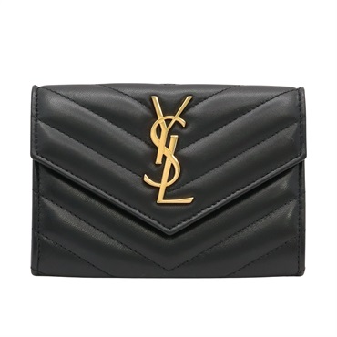 SAINT LAURENT YSL 聖羅蘭 小型信封錢包 扣式短夾 黑色 粒面壓紋 牛皮 414404