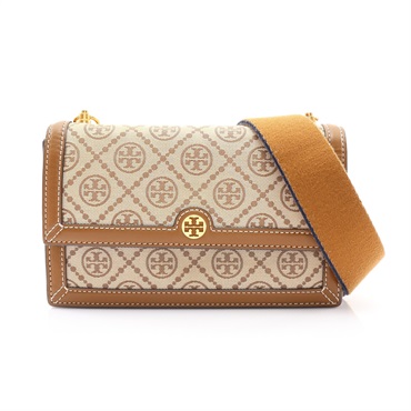 TORY BURCH 湯麗柏琦 Tmonogram 肩背包 米色帆布 牛皮飾邊 83957