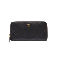 CHANEL 香奈兒 拉鍊長夾 黑色 菱格紋羊皮 金扣 A50097
