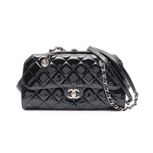 CHANEL 香奈兒 Kisslock Accordion 肩背包 黑色 菱格紋漆皮 銀扣 無卡