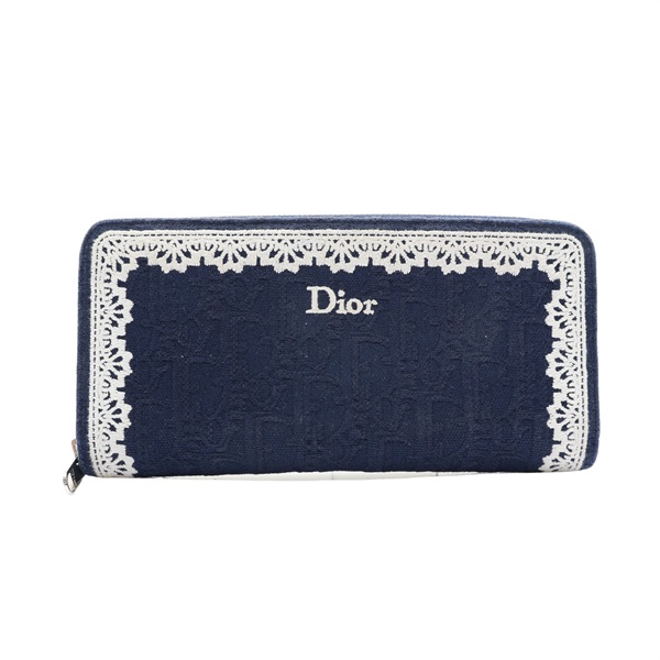 Dior 迪奧 Oblique Voyageur Slim 拉鍊長夾 白色蕾絲 藍色帆布 牛皮 S2401PUKL_M928