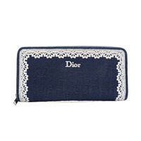 Dior 迪奧 Oblique Voyageur Slim 拉鍊長夾 白色蕾絲 藍色帆布 牛皮 S2401PUKL_M928