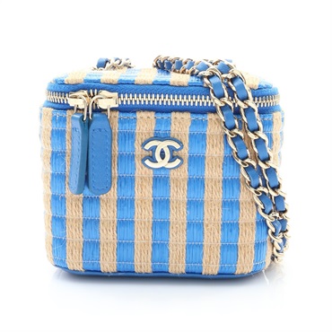 CHANEL 香奈兒 Mini Vanity 肩背包 藍色 拉菲草 羊皮 無卡