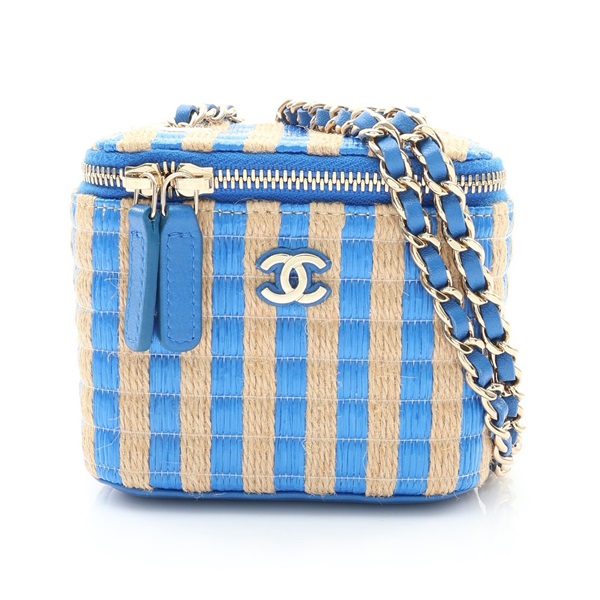 CHANEL 香奈兒 Mini Vanity 肩背包 藍色 拉菲草 羊皮 無卡