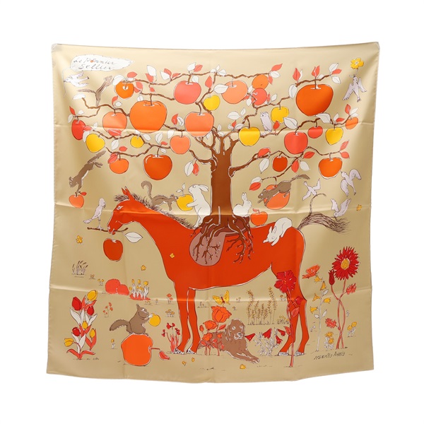 HERMES 愛馬仕 Le Pommier Sellier Scarf 90 方巾 米/橘色 絲綢 H004307S