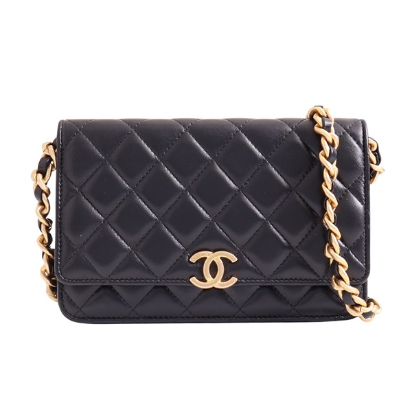 CHANEL 香奈兒 鍊帶 肩背包 黑色 菱格紋 羊皮 金釦