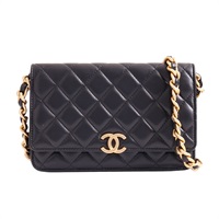 CHANEL 香奈兒 鍊帶 肩背包 黑色 菱格紋 羊皮 金釦