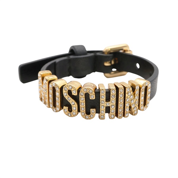 MOSCHINO 莫斯奇諾 字母 水鑽手環 黑色 牛皮 77618024