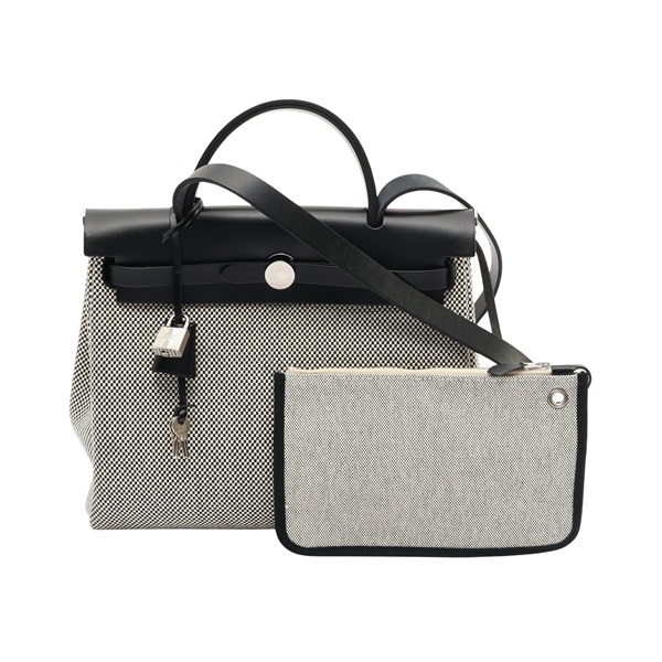 HERMES 愛馬仕 Herbag Zip 31 兩用包 黑/灰色 Vache Hunter 牛皮 帆布 B刻 金扣 H079092CK