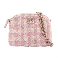 CHANEL 香奈兒 千鳥格紋 粉/白色 毛呢 肩背包 淡金釦 Vip Gift
