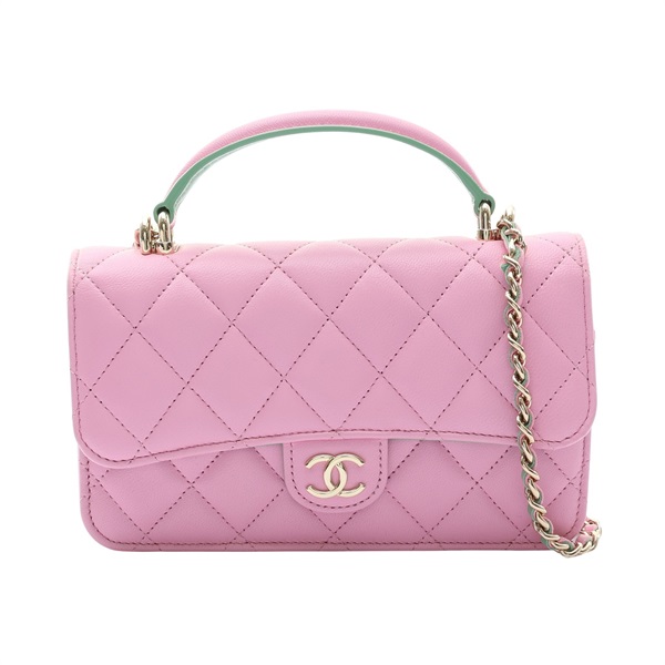 CHANEL 香奈兒 Top Handle WOC 肩背包 粉/綠色 羊皮 金釦 AP3226
