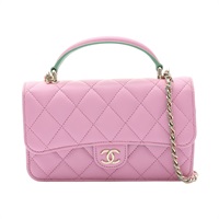 CHANEL 香奈兒 Top Handle WOC 肩背包 粉/綠色 羊皮 金釦 AP3226