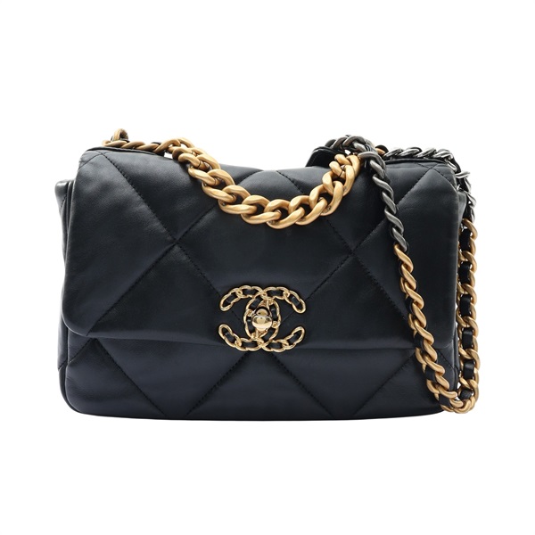 CHANEL 香奈兒 19 肩背包 黑色羊皮 金扣 AS1160