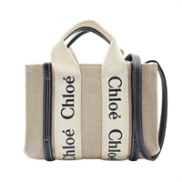 Chloe 克羅伊 Woody Mini 肩背包 淺褐色帆布 藍色牛皮 CHC22AP237I2691J
