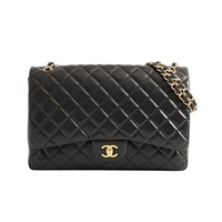 CHANEL 香奈兒 Maxi Flap 鍊帶 肩背包 黑色 菱格紋 羊皮 金扣 無卡 A58601