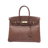 HERMES 愛馬仕 Birkin 35 柏金包 手提包 棕色系 鴕鳥皮 □D刻 金扣