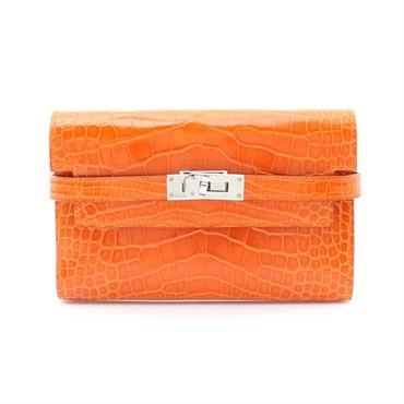 HERMES 愛馬仕 Kelly 三折中夾 薑餅色 鱷魚皮 □N刻 銀扣