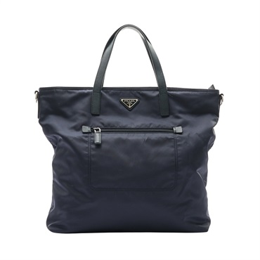 PRADA 普拉達 手提包 深藍色 尼龍 牛皮 缺背帶 B2530T