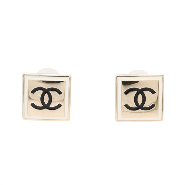 CHANEL 香奈兒 方形 CC 針式耳環 黑/白色 金色鍍金