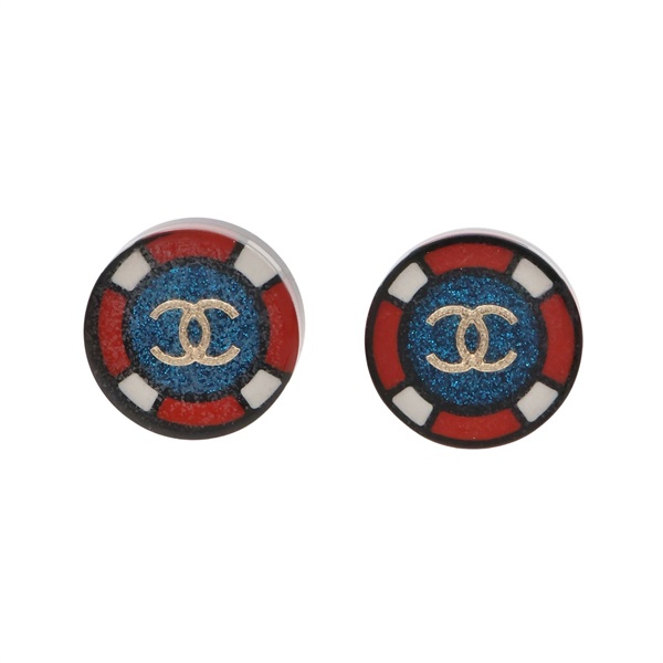CHANEL 香奈兒 CC 圓形 針式耳環 藍/紅/白色 PVC 鍍金